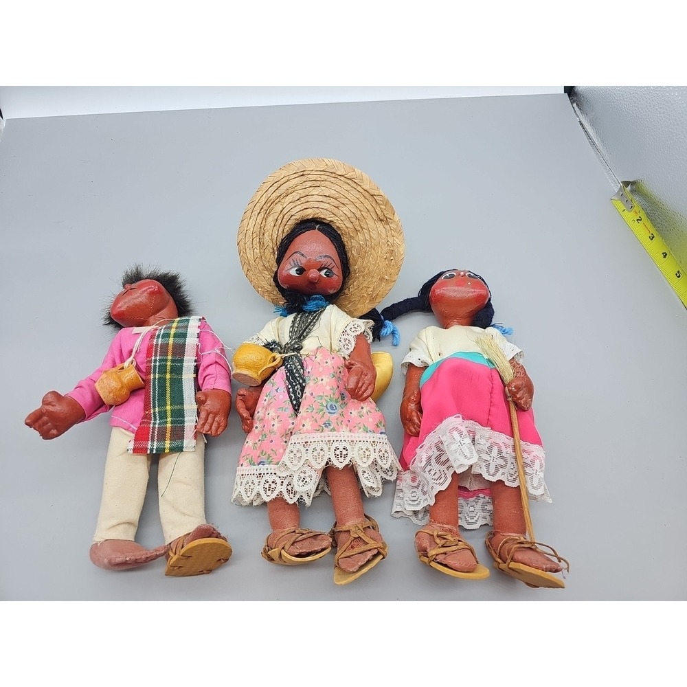 Vintage Mexican Folk‎ Art Oil Cloth Peasant 10" Doll Lot Of 3